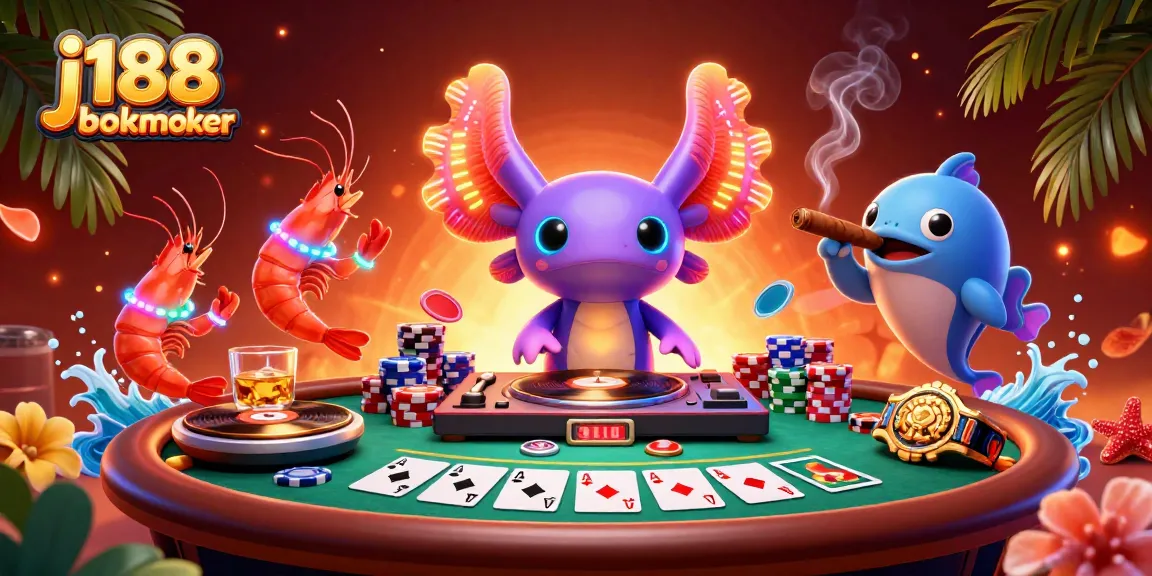 Engage with the j188 bookmaker in this vibrant 3D scene of a casino, showcasing exciting gaming elements.