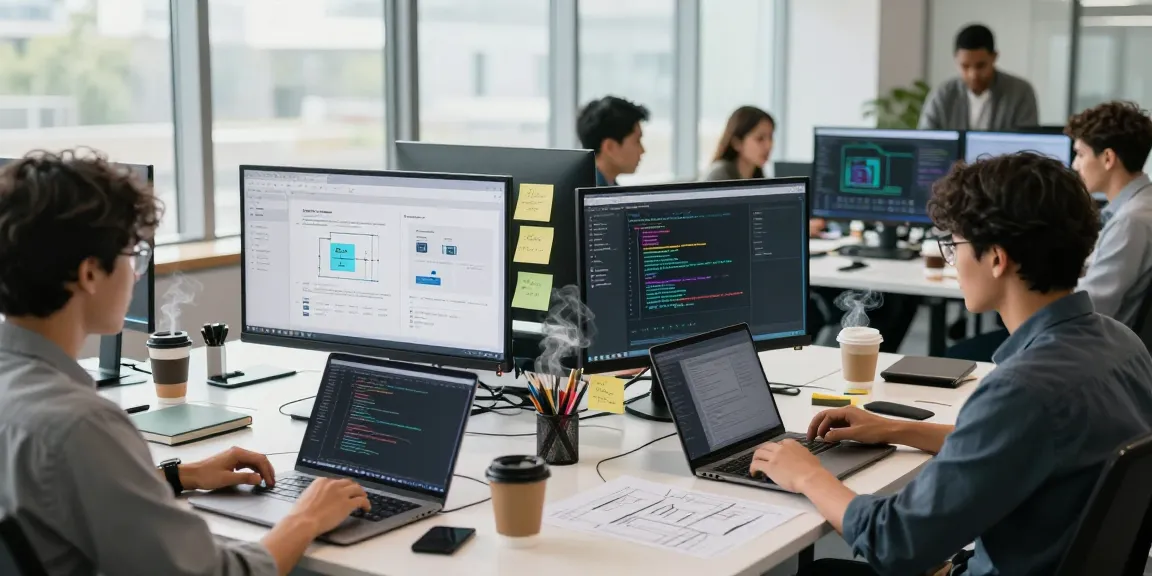 Build internal tools with AI with a diverse team collaborating in a modern workspace.