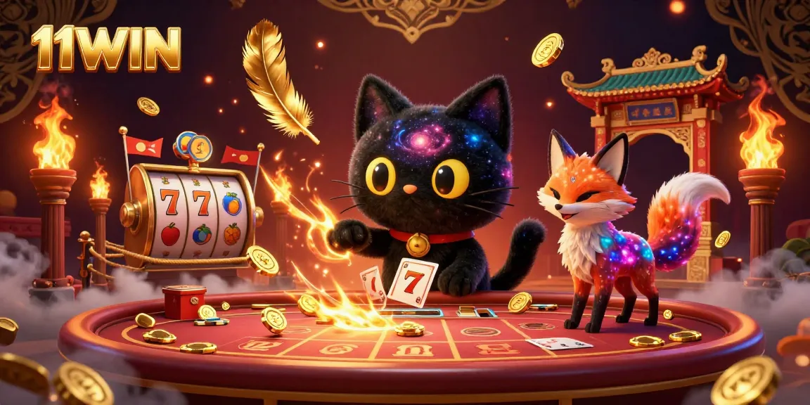 11WIN's cosmic casino scene with a black hole cat and nebula fox engaging in vibrant slot games.