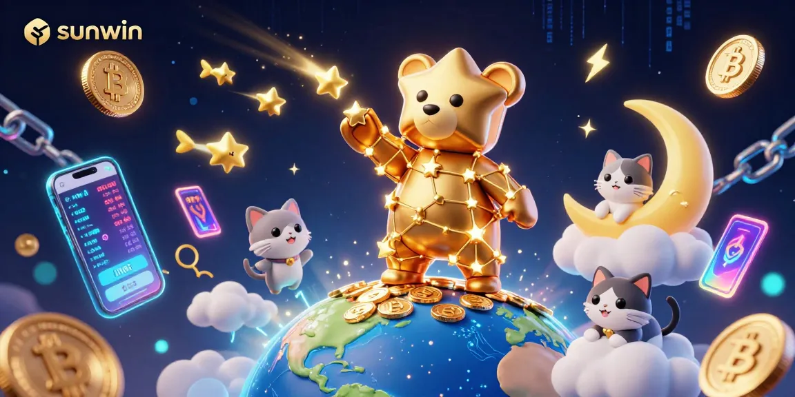 Engaging sunwin scene with a constellation bear scooping coins amidst crypto elements and magic.