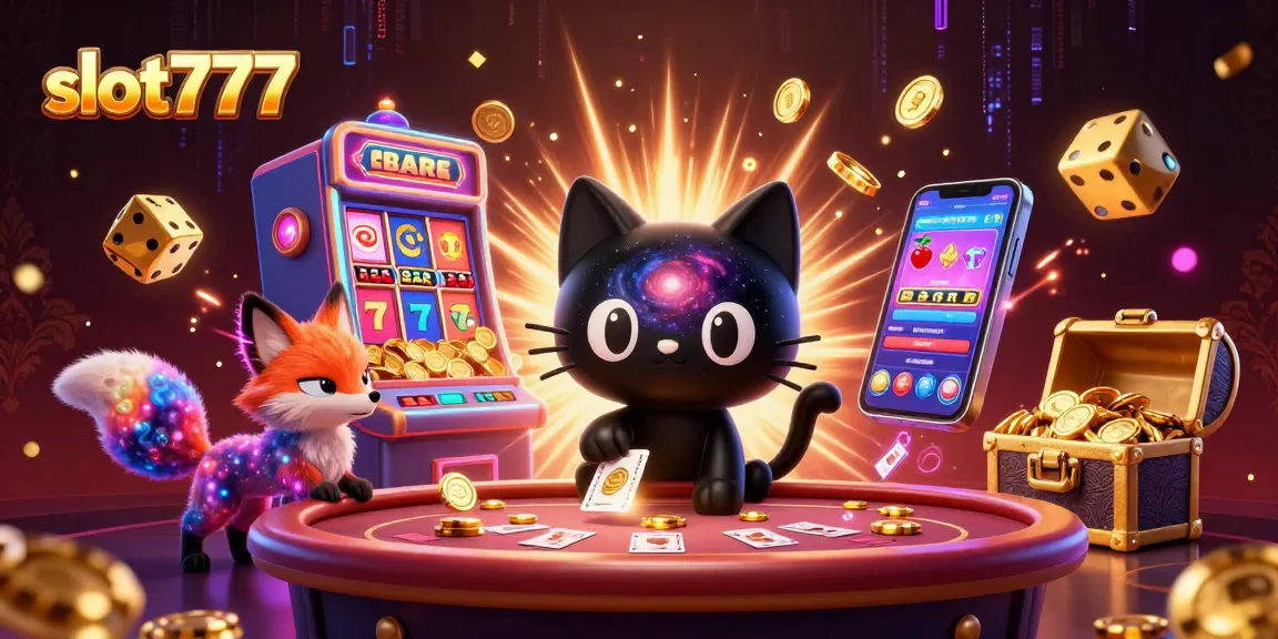 Experience thrilling slot777 action with a cosmic black hole cat and nebula fox in a vibrant casino scene.