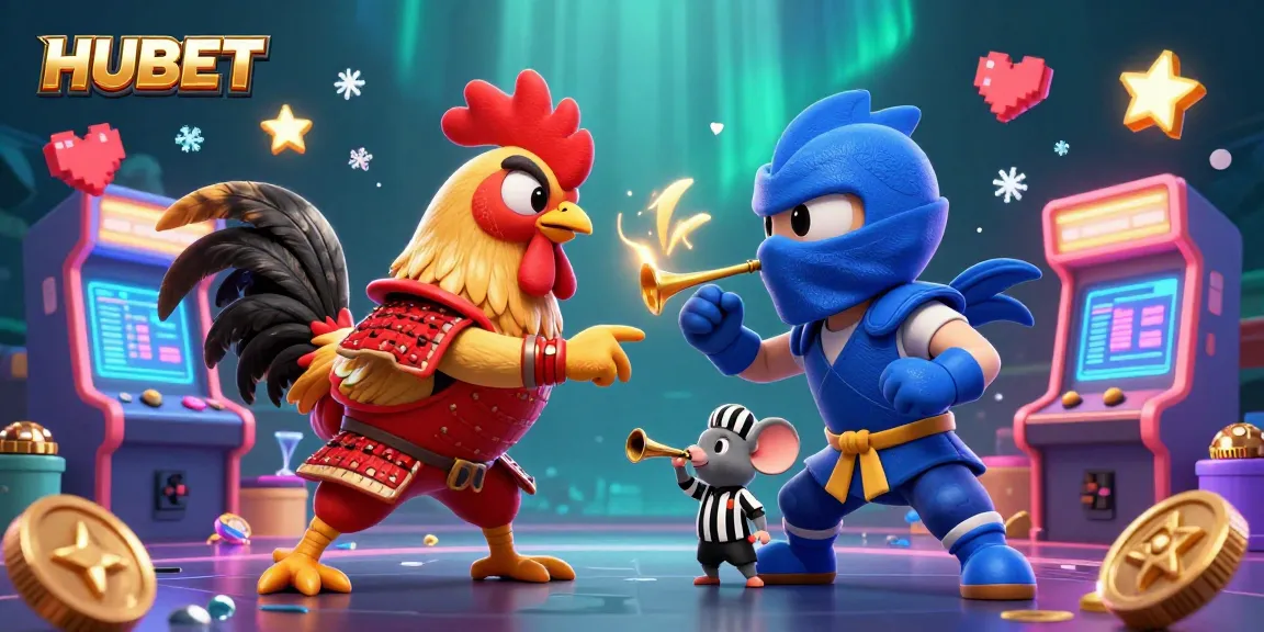 Engage in exciting action at HUBET with fighting roosters and vibrant casino game elements.