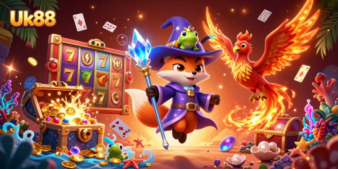 Experience vibrant gaming adventures with Uk88's mystical themed illustration of engaging characters and slots!