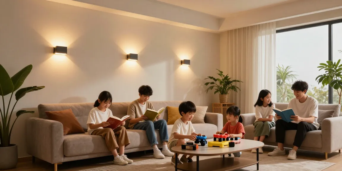 Aplice LED montate pe un perete dintr-un living modern, creând o atmosferă caldă și primitoare pentru familie.