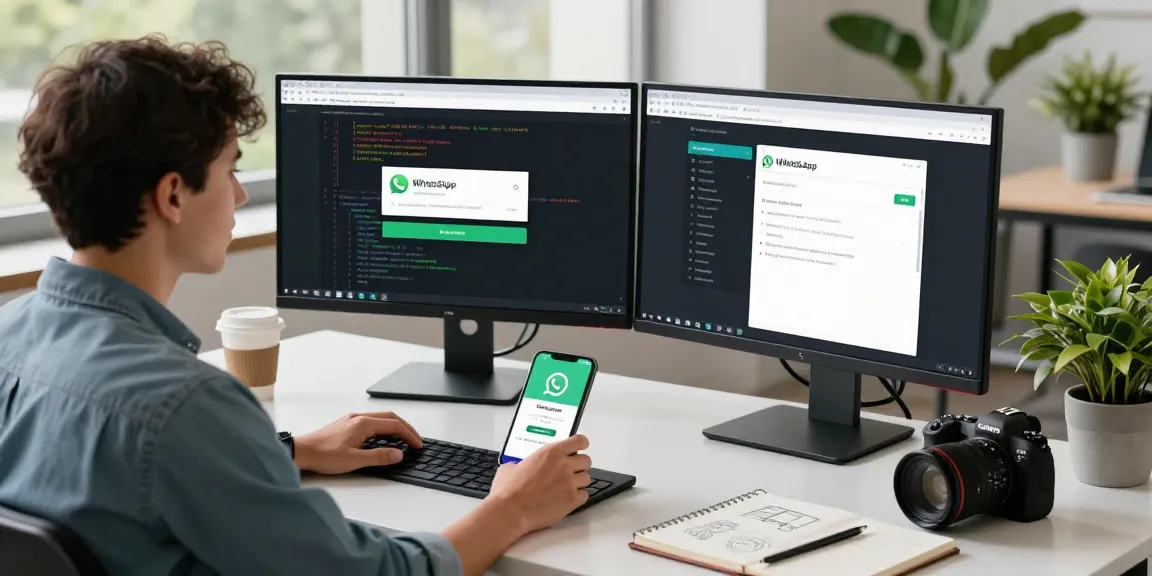 Engaged developer downloading WhatsApp下載 on dual monitors in a modern workspace.