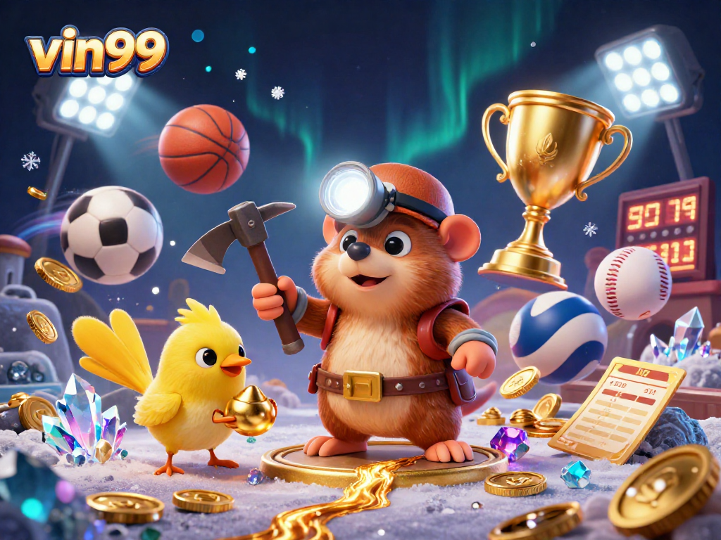 Experience the thrill of vin99 with dynamic sports elements and a treasure hunter in this casino illustration.