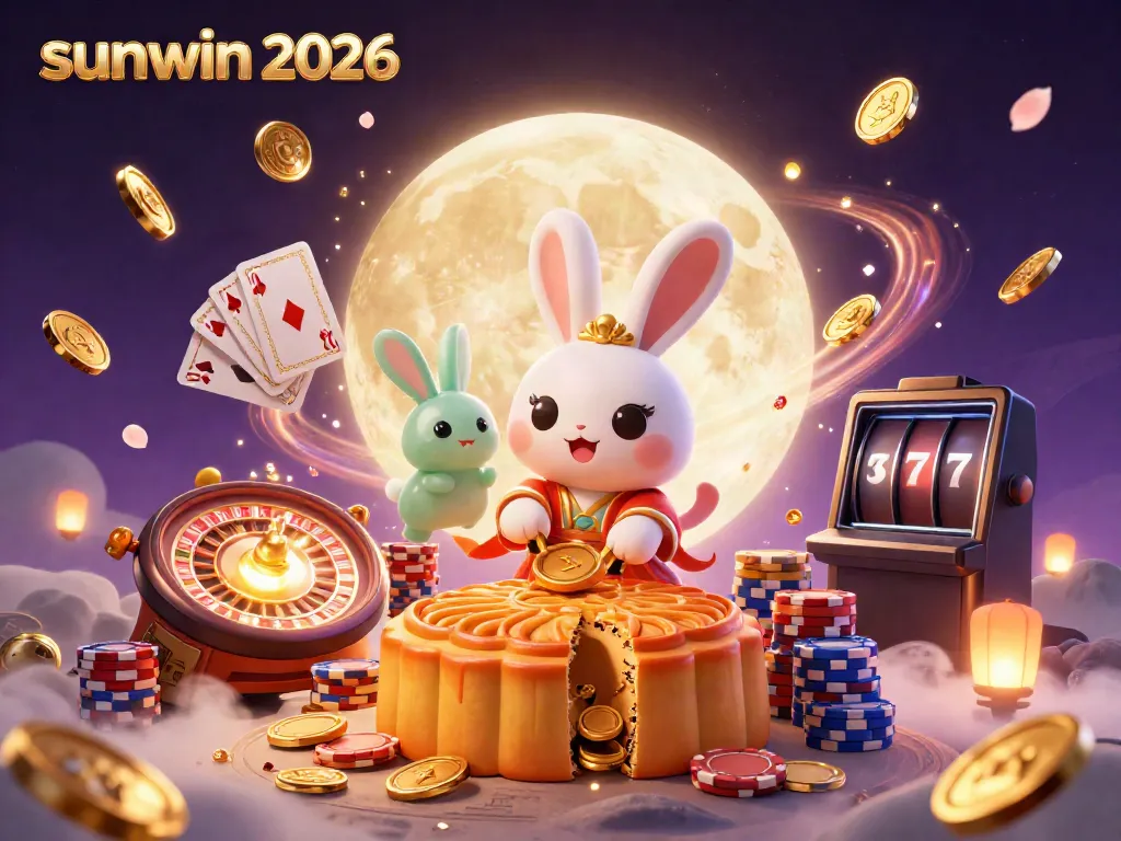 Experience sunwin 2026 with a magical scene of a moon rabbit playing casino games in a vibrant universe.