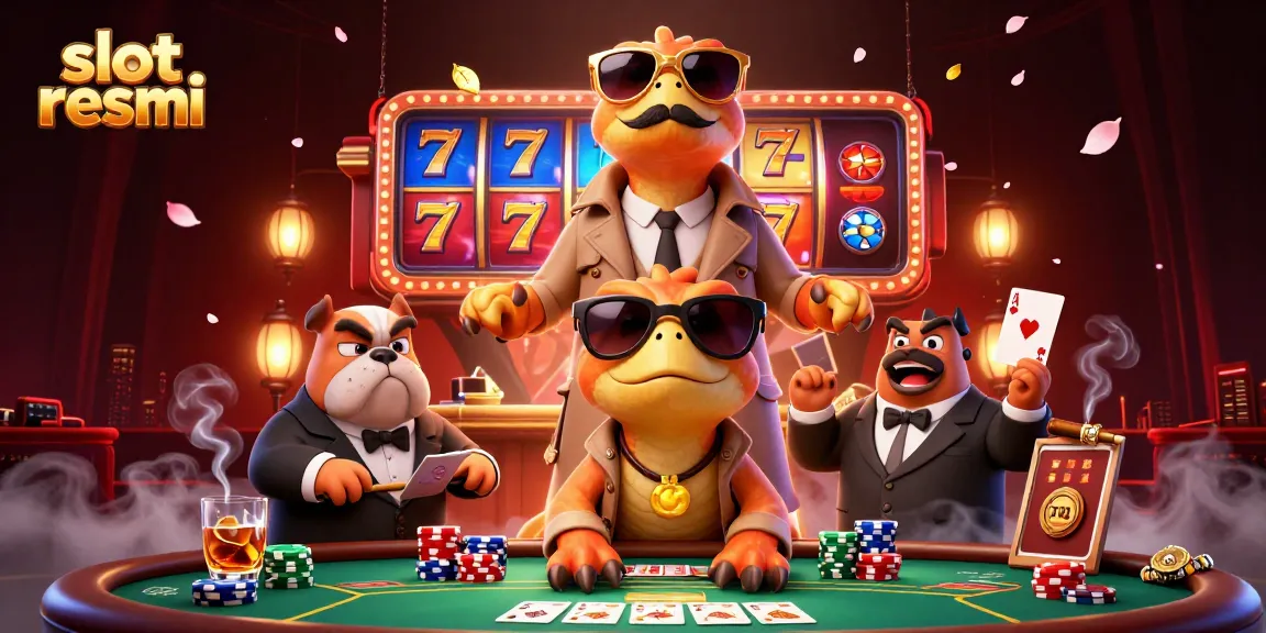 Experience the thrill of slot resmi action with cartoon raptors in a trench coat at a lively casino.
