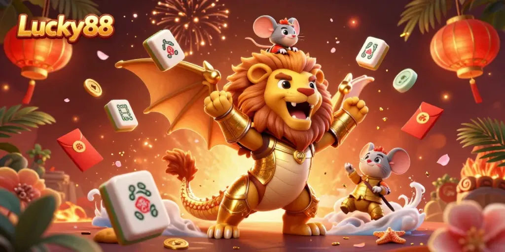 Engage with Lucky88 as the chimera creature and brave mouse jockey celebrate casino winning moments.