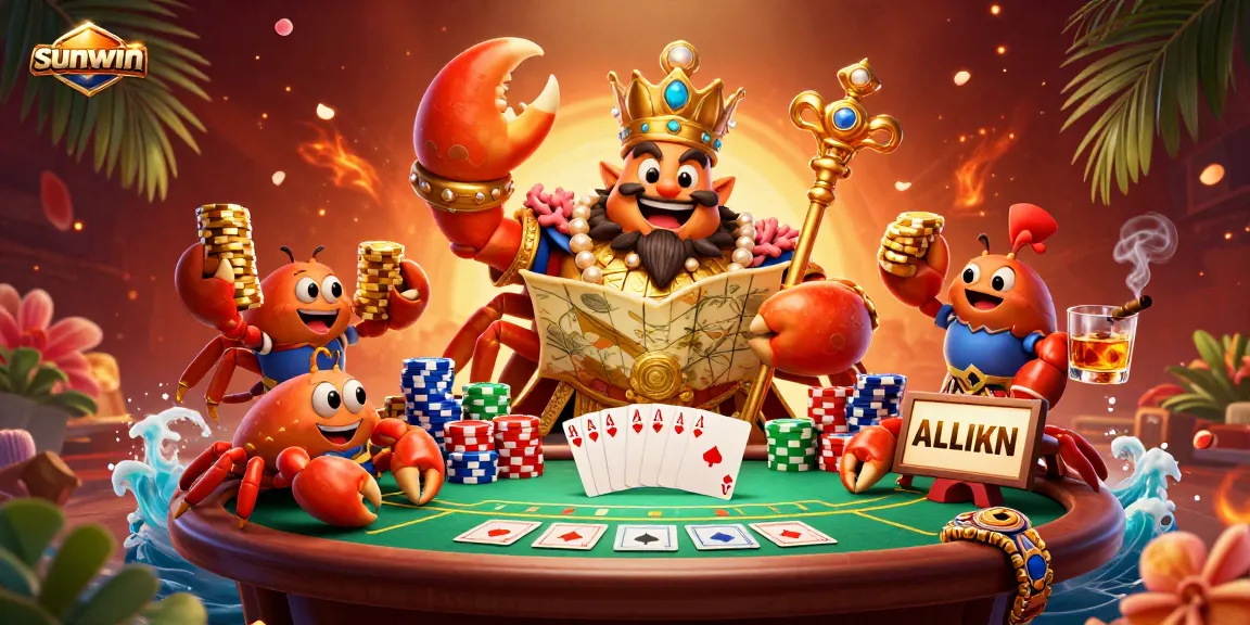 Join the sunwin adventure with a golden crab emperor and poker elements in a vibrant casino scene.
