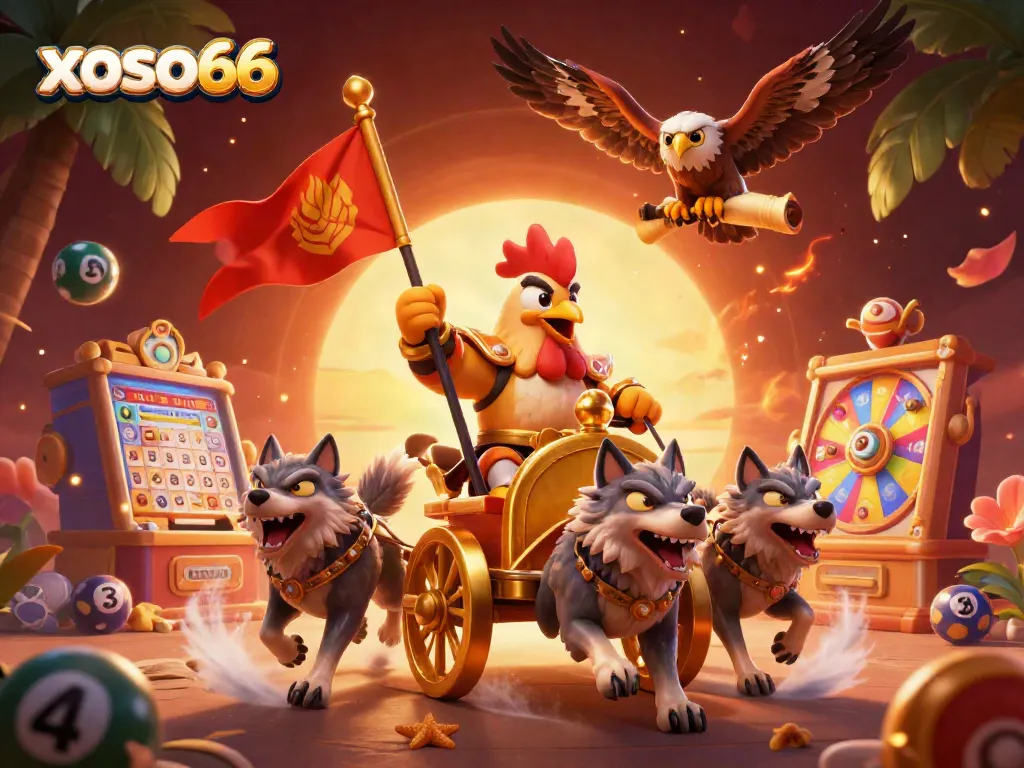 Engage with xoso66 as a rooster warlord leads a lottery adventure, showcasing vibrant games.