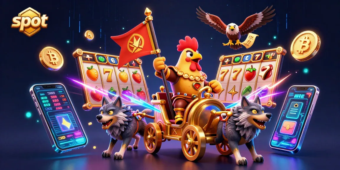 Spin thrilling slot games with vibrant characters and crypto elements in this exciting casino illustration.