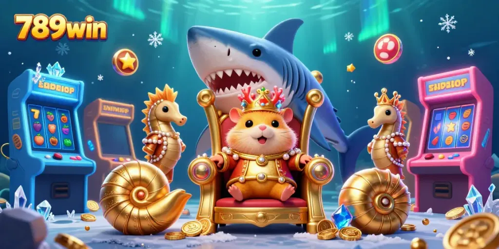 Experience the thrilling underwater world of 789win, with a hamster king on a shark throne amid vibrant arcade graphics.