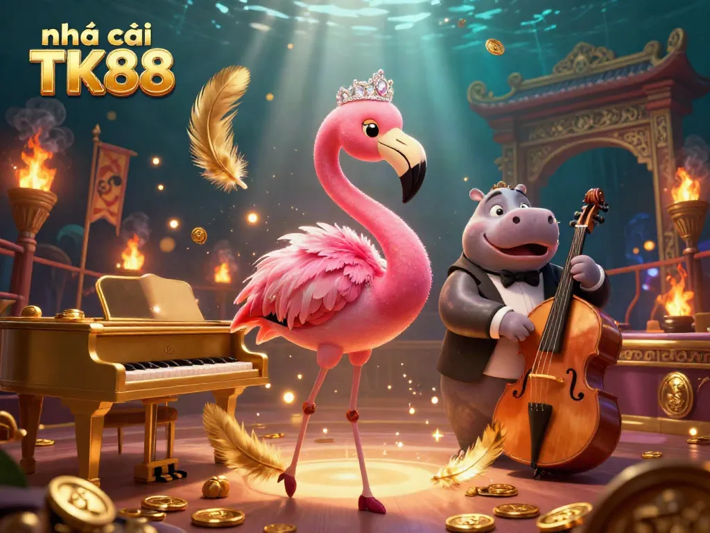 Experience the vibrant atmosphere of nhà cái TK88 with a lively 3D illustration featuring a flamingo singer and hippo bassist in a bustling casino setting.