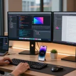 Tech enthusiast using iPhone 17 on a modern workspace with vibrant app development.