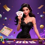Experience exciting gameplay with raja89, showcasing an elegant woman with ace cards in a lively casino scene.