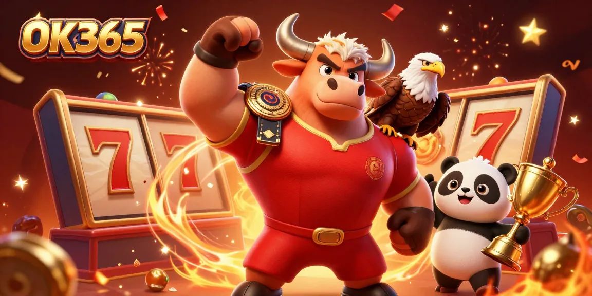 Celebrate winnings at OK365 with a vibrant casino scene featuring slot reels and cheerful mascots.