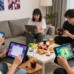 Engaging players exploring game hentai on devices in a vibrant living room