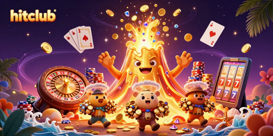 Hitclub players win big with a thrilling eruption of golden treasures in a dynamic casino scene.