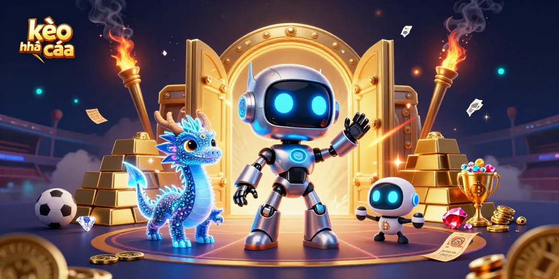 Engage with kèo nhà cái in this vibrant sports betting scene featuring a futuristic robot and treasures.