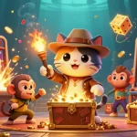 Experience thrilling betting adventures with nowgoal, where a cartoon explorer unveils casino treasures in a dynamic scene.
