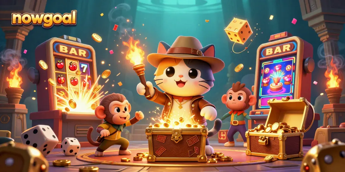 Experience thrilling betting adventures with nowgoal, where a cartoon explorer unveils casino treasures in a dynamic scene.