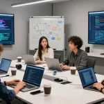 Team of developers collaborating on juicy ai projects, showcasing a modern tech workspace.