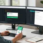 Engaged developer downloading WhatsApp下載 on dual monitors in a modern workspace.