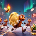 Experience 13win's vibrant casino adventure with cartoon ants and golden poker chips in action.