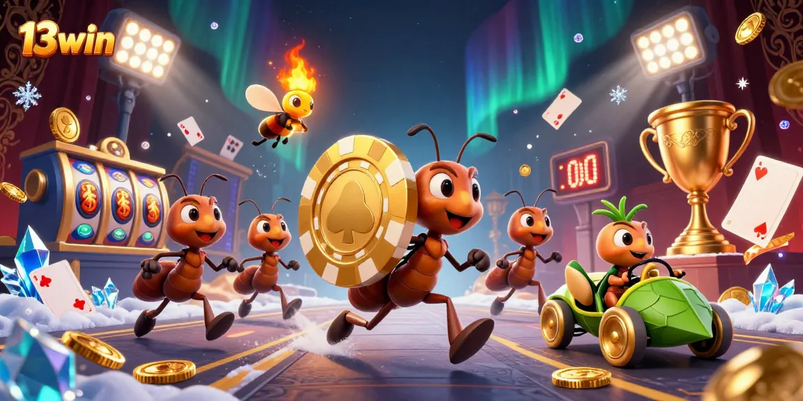 Experience 13win's vibrant casino adventure with cartoon ants and golden poker chips in action.