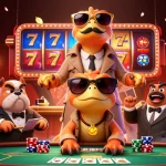 Experience the thrill of slot resmi action with cartoon raptors in a trench coat at a lively casino.