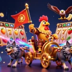 Spin thrilling slot games with vibrant characters and crypto elements in this exciting casino illustration.