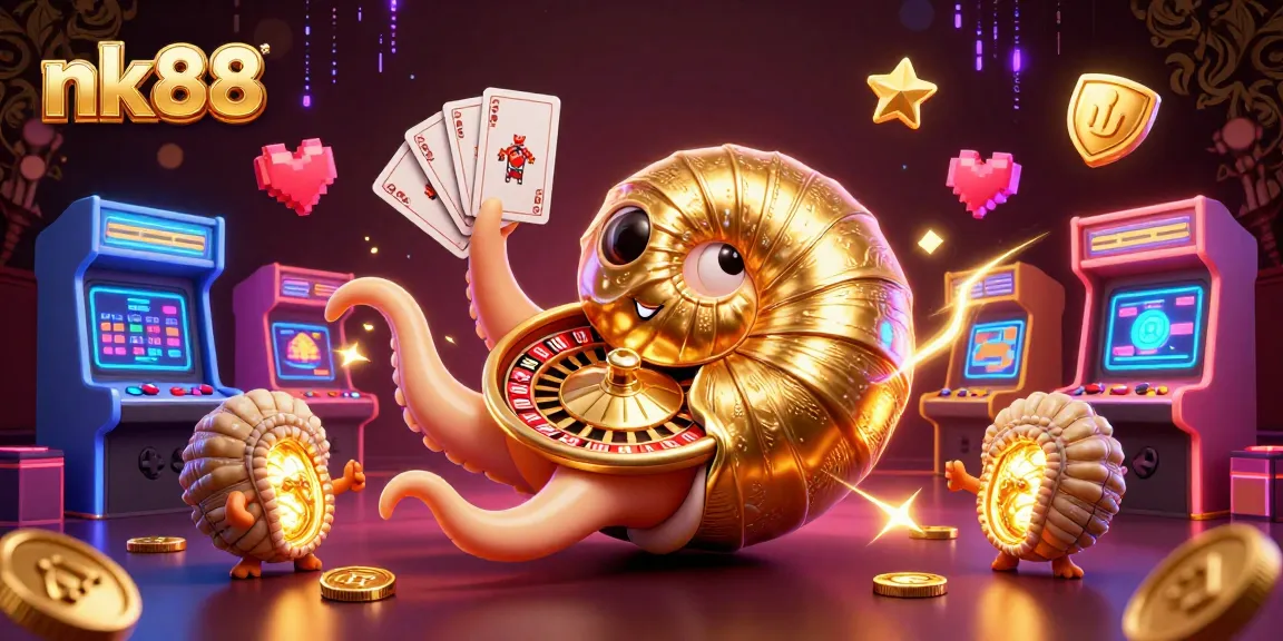 Engage in thrilling gameplay at nk88 with a dynamic casino scene full of game machines and glowing treasures.