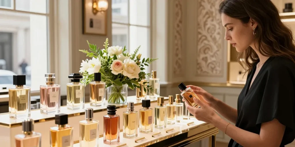 Long-Lasting Perfumes elegantly displayed in a boutique with natural lighting and floral accents.