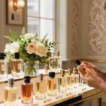 Long-Lasting Perfumes elegantly displayed in a boutique with natural lighting and floral accents.
