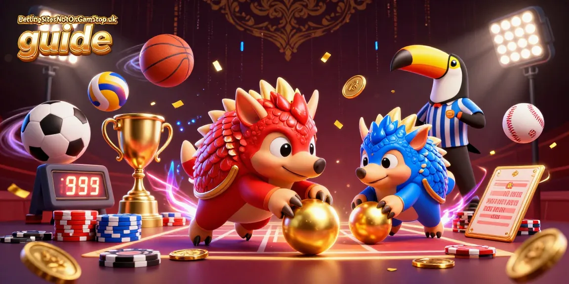 BettingSitesNotOnGamStop.uk guide shows rival pangolins bowling through poker chips in a vibrant 3D scene.