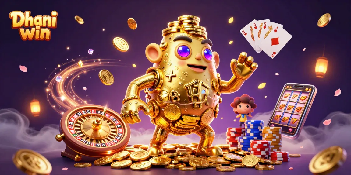 Dive into Dhani win's captivating gameplay with a golden golem and casino elements surrounding it
