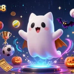 Engage in sbobet88 login with vibrant 3D ghost cat and bat in an energetic casino scene.