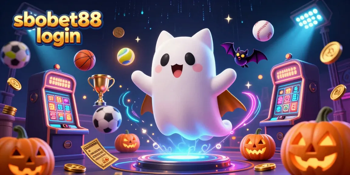 Engage in sbobet88 login with vibrant 3D ghost cat and bat in an energetic casino scene.
