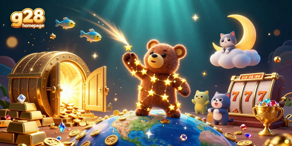 Play and win on the g28 homepage with vibrant slot reels, golden treasures, and atmospheric 3D characters.