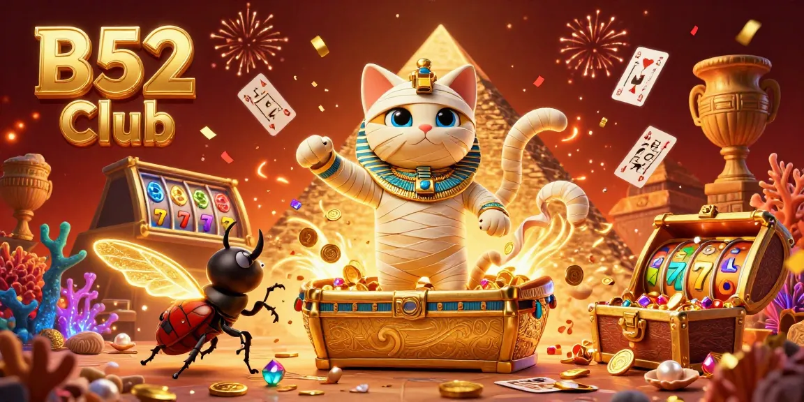 Engage with top-tier gaming scenes at B52 Club, featuring an Egyptian mummy cat amidst golden casino treasures.