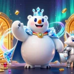 Nbet offers thrilling gaming adventures with icy royal characters amidst gold treasures in a vibrant casino scene.