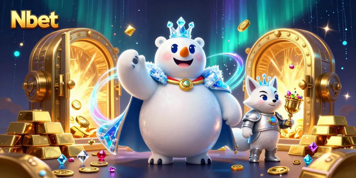 Nbet offers thrilling gaming adventures with icy royal characters amidst gold treasures in a vibrant casino scene.