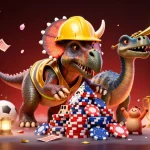 Bettors enjoy situs judi bola action featuring a festive gathering of dinosaurs celebrating with poker chips, sports elements, and cherry blossoms.