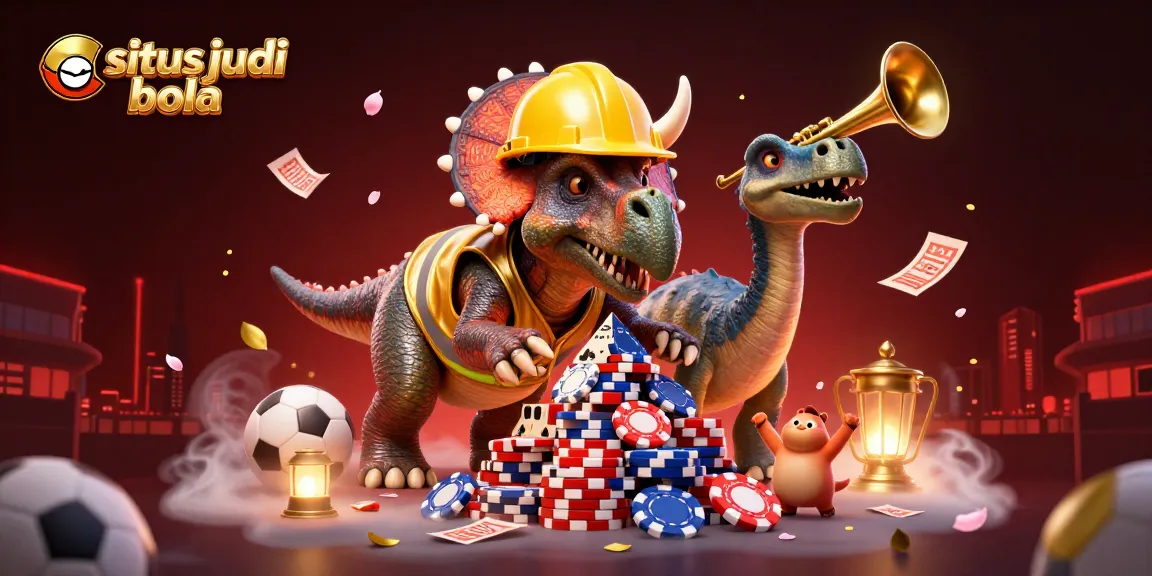 Bettors enjoy situs judi bola action featuring a festive gathering of dinosaurs celebrating with poker chips, sports elements, and cherry blossoms.