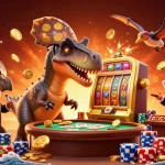 Engaging HZ88 casino scene featuring a cartoon dinosaur celebrating a slot machine jackpot with flying coins.