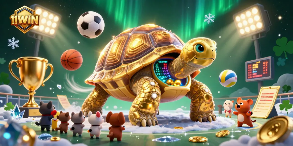 Engage with 11WIN's thrilling casino atmosphere featuring a golden tortoise pinball machine amidst vibrant gaming elements.