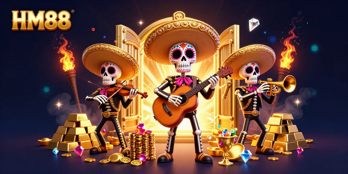 Engage with HM88's thrilling gaming experience featuring a vibrant mariachi band amidst gold treasures.