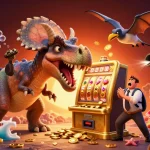 Experience F8 BET’s thrilling slot play with a 3D dinosaur jackpot scene amidst vibrant casino action.