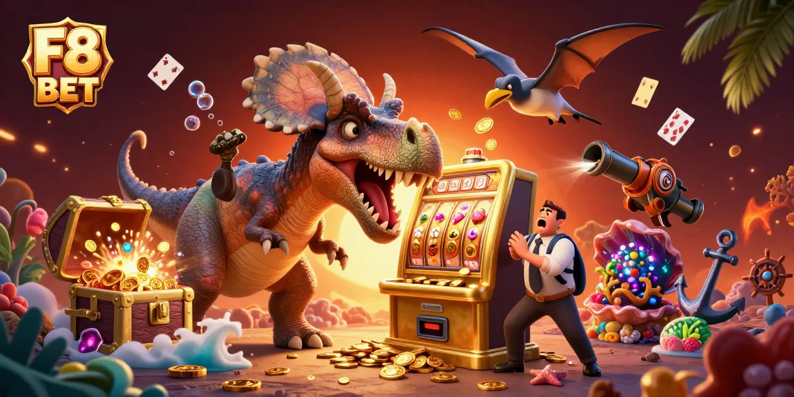 Experience F8 BET’s thrilling slot play with a 3D dinosaur jackpot scene amidst vibrant casino action.
